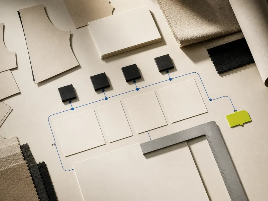 A precise editorial worktable of abstract garment panels, blank specification cards, measuring tools, cobalt version paths, and a single acid-lime approval tab.