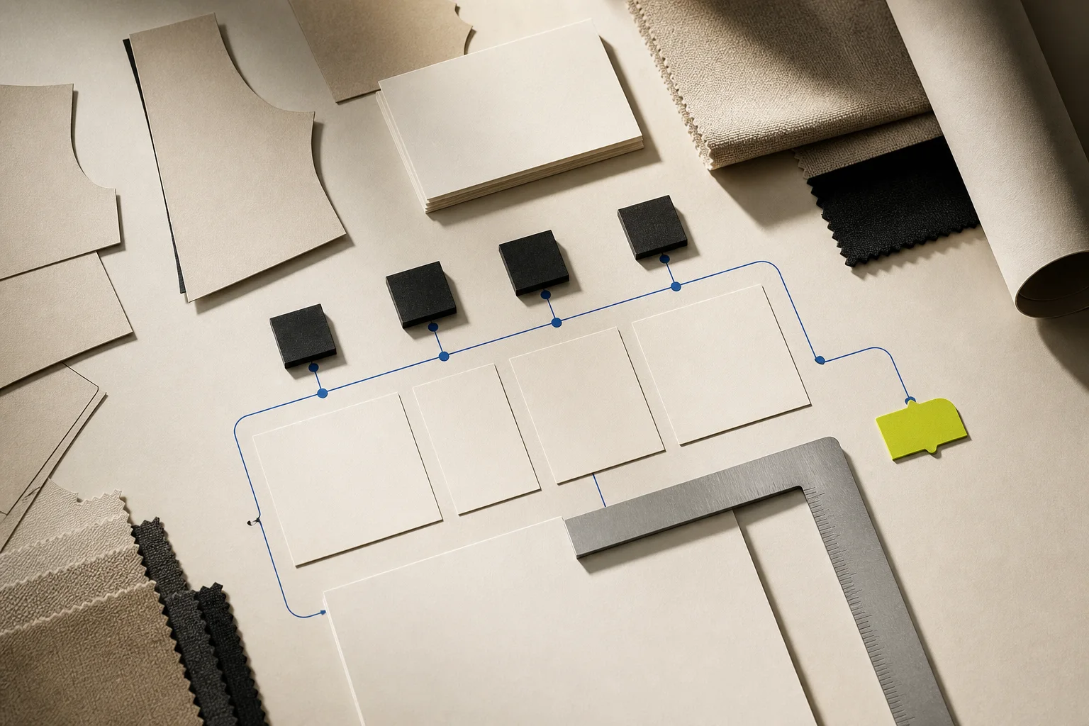 A precise editorial worktable of abstract garment panels, blank specification cards, measuring tools, cobalt version paths, and a single acid-lime approval tab.