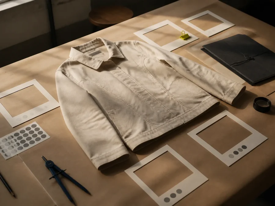 Fictional garment quality-control table with a neutral sewn sample, inspection frames, blank defect markers, cobalt dividers, and an acid-lime human-review clip.