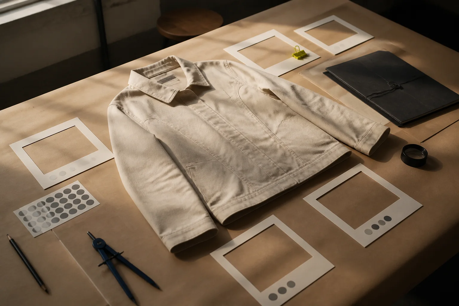 Fictional garment quality-control table with a neutral sewn sample, inspection frames, blank defect markers, cobalt dividers, and an acid-lime human-review clip.