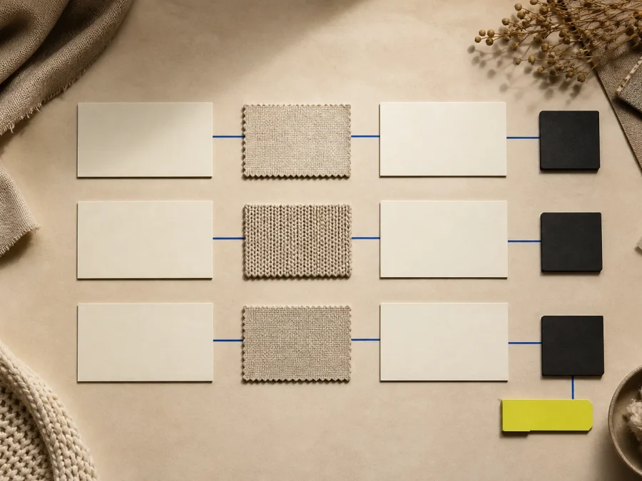 Fictional fashion sourcing table with blank supplier cards, neutral fabric swatches, dark verification blocks, cobalt connection lines, and an acid-lime human-review tab.