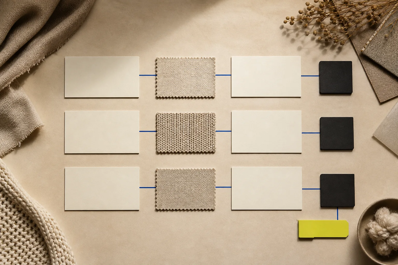 Fictional fashion sourcing table with blank supplier cards, neutral fabric swatches, dark verification blocks, cobalt connection lines, and an acid-lime human-review tab.