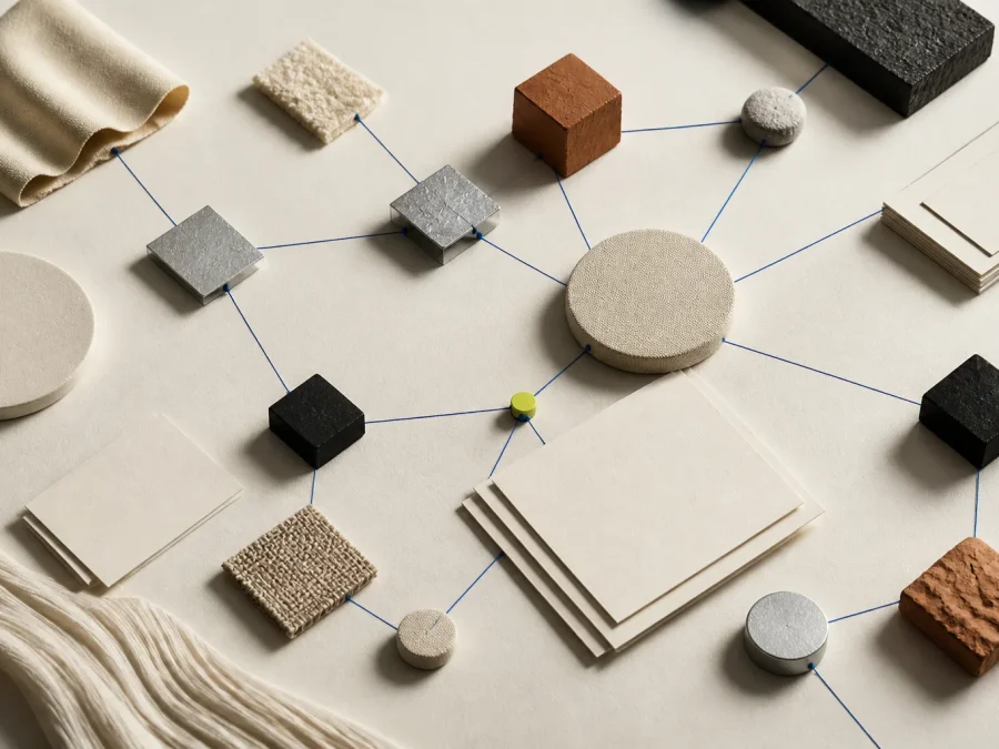 An abstract fashion supply network made of neutral material nodes, cobalt evidence routes, dark review blocks, and an acid-lime human-decision marker.