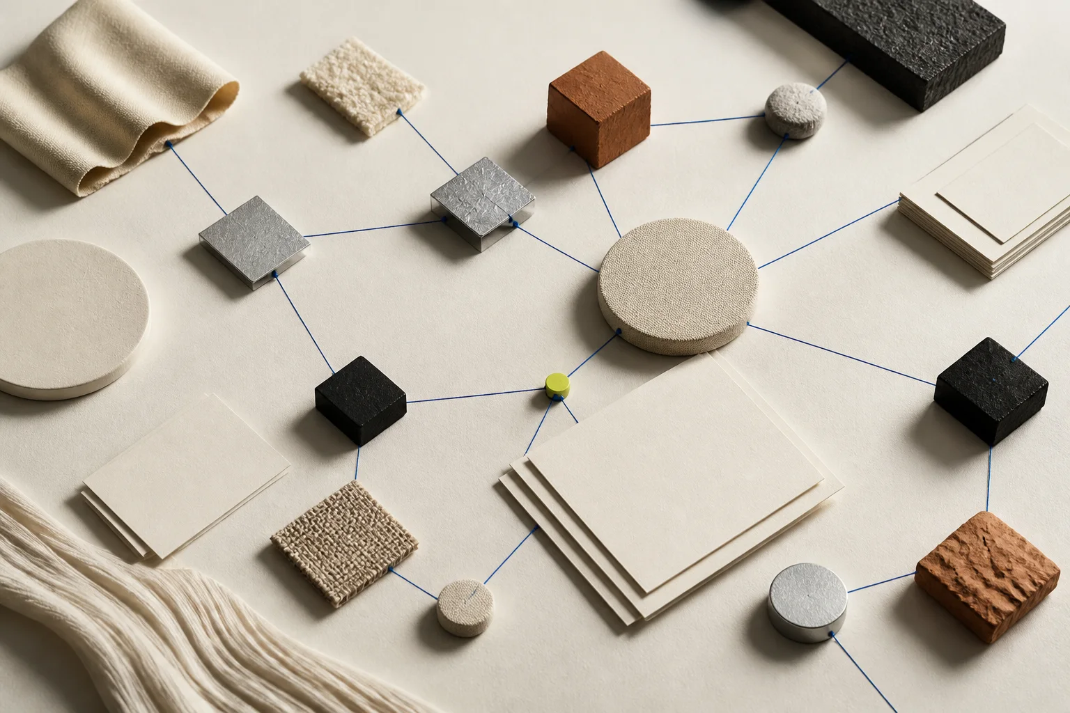 An abstract fashion supply network made of neutral material nodes, cobalt evidence routes, dark review blocks, and an acid-lime human-decision marker.