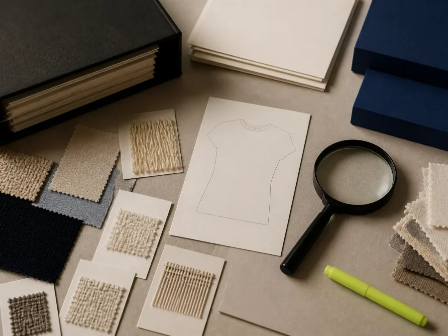 Fictional apparel classification research desk with a blank garment card, fiber and construction swatches, document tabs, a magnifier, cobalt reference blocks, and an acid-lime review marker.