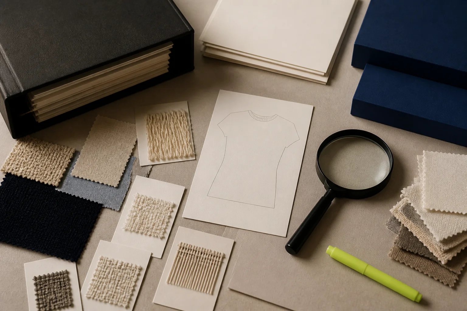 Fictional apparel classification research desk with a blank garment card, fiber and construction swatches, document tabs, a magnifier, cobalt reference blocks, and an acid-lime review marker.