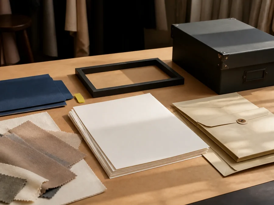Fictional customs-document review desk with blank invoice sheets, garment swatches, version folders, a black archive box, cobalt dividers, and an acid-lime human-review tab.