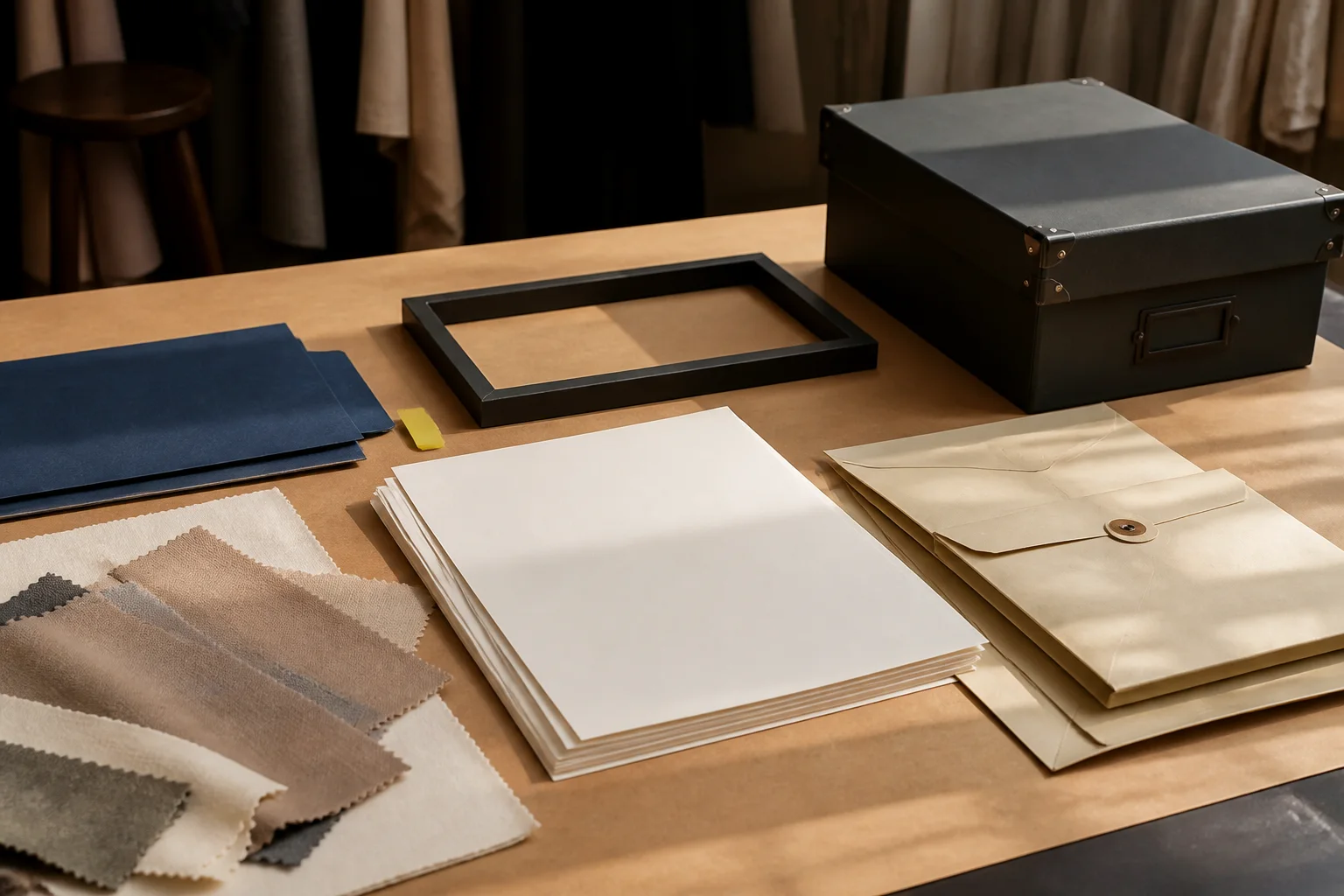 Fictional customs-document review desk with blank invoice sheets, garment swatches, version folders, a black archive box, cobalt dividers, and an acid-lime human-review tab.