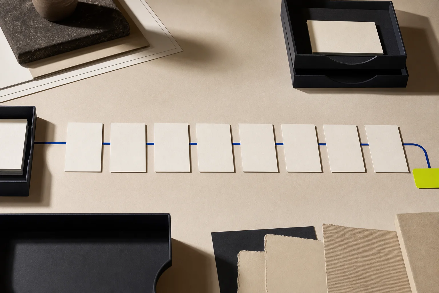 Fictional customer-service audit desk with blank scenario cards, dark pass and hold trays, cobalt routing lines, and an acid-lime human-handoff tab.