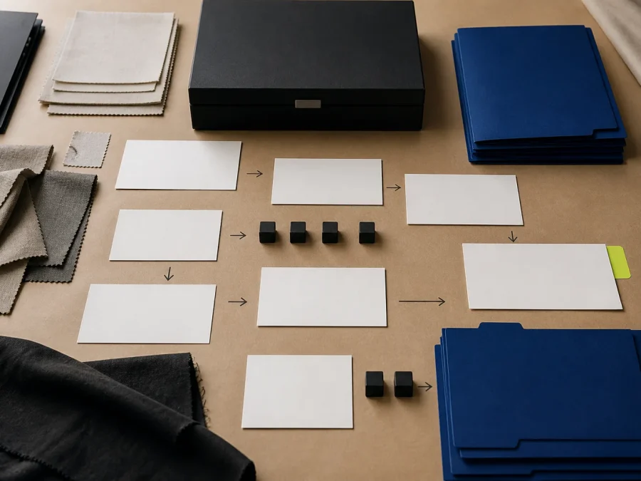 Fictional multilingual wholesale desk with blank message cards, fabric swatches, immutable token blocks, cobalt language folders, and an acid-lime human-review tab.