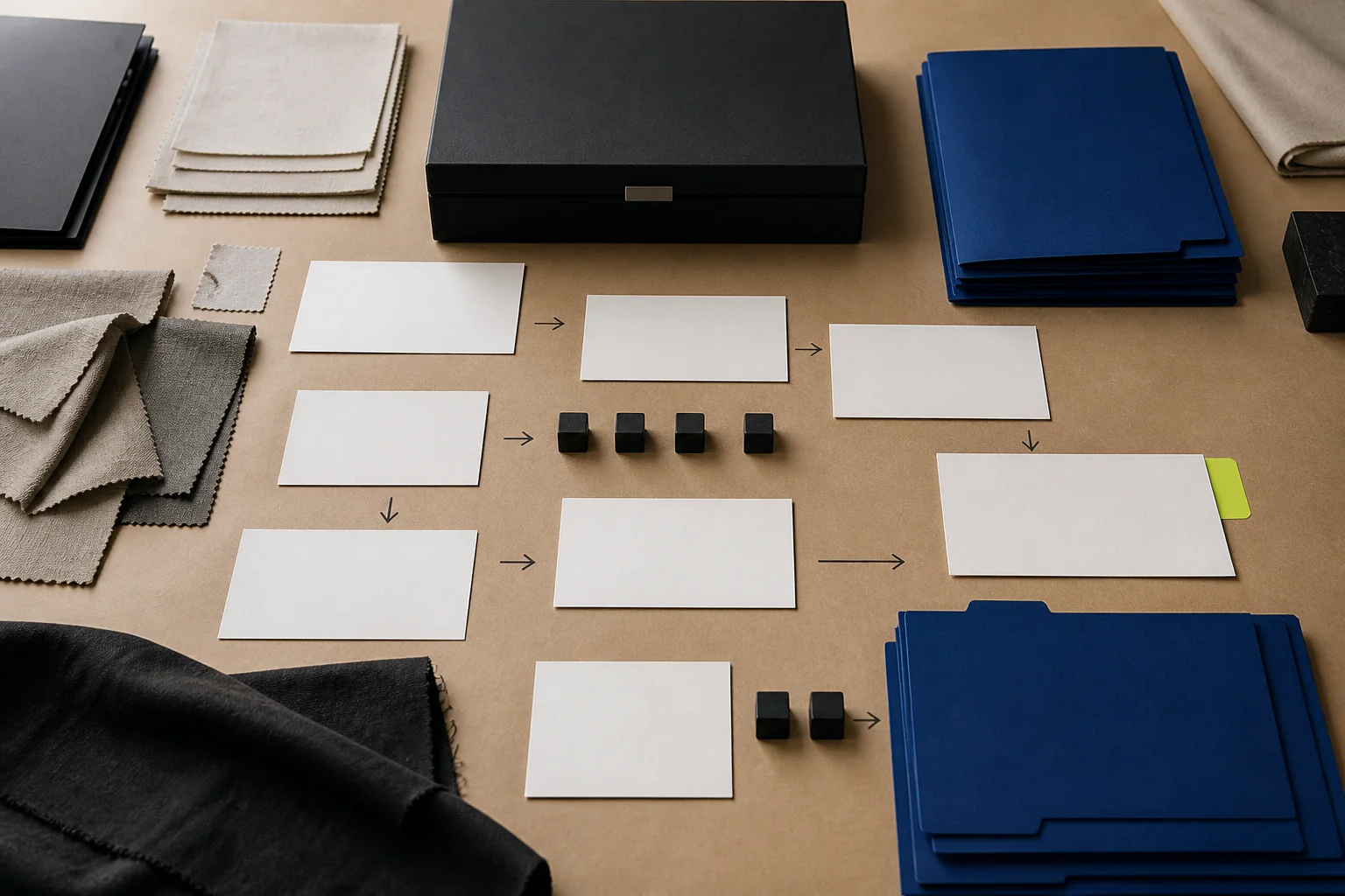 Fictional multilingual wholesale desk with blank message cards, fabric swatches, immutable token blocks, cobalt language folders, and an acid-lime human-review tab.