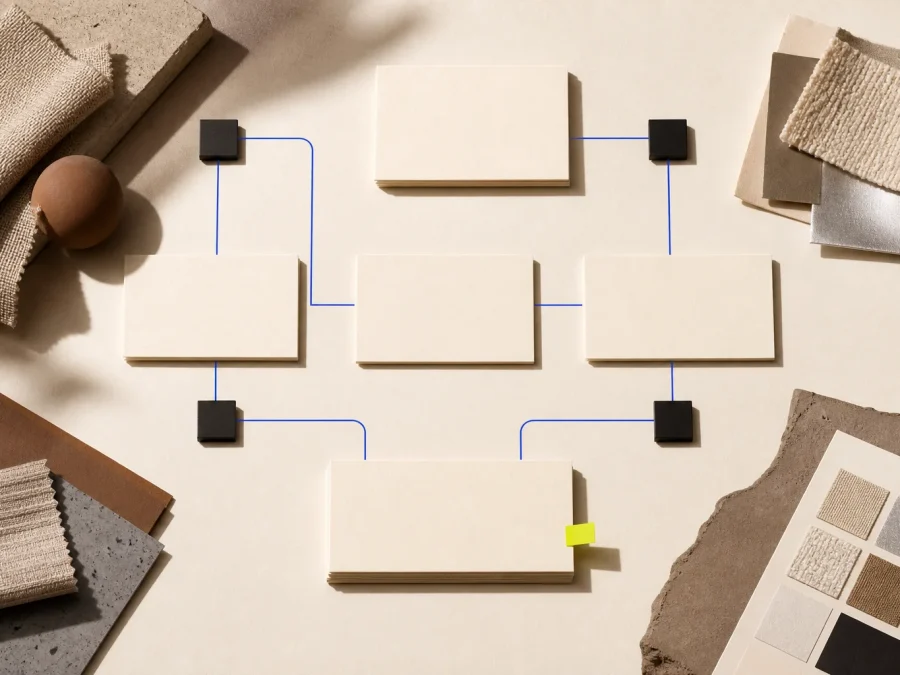 A refined fictional showroom planning desk with neutral sample forms, fabric cards, cobalt appointment paths, and one acid-lime human-approval marker.