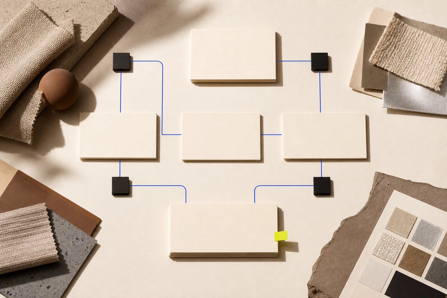 A refined fictional showroom planning desk with neutral sample forms, fabric cards, cobalt appointment paths, and one acid-lime human-approval marker.