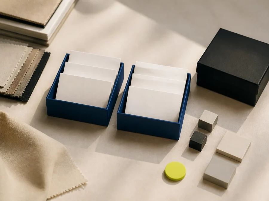 Fictional wholesale lead-review desk with blank account cards, fabric swatches, cobalt routing trays, a black suppression box, and an acid-lime human-review marker.