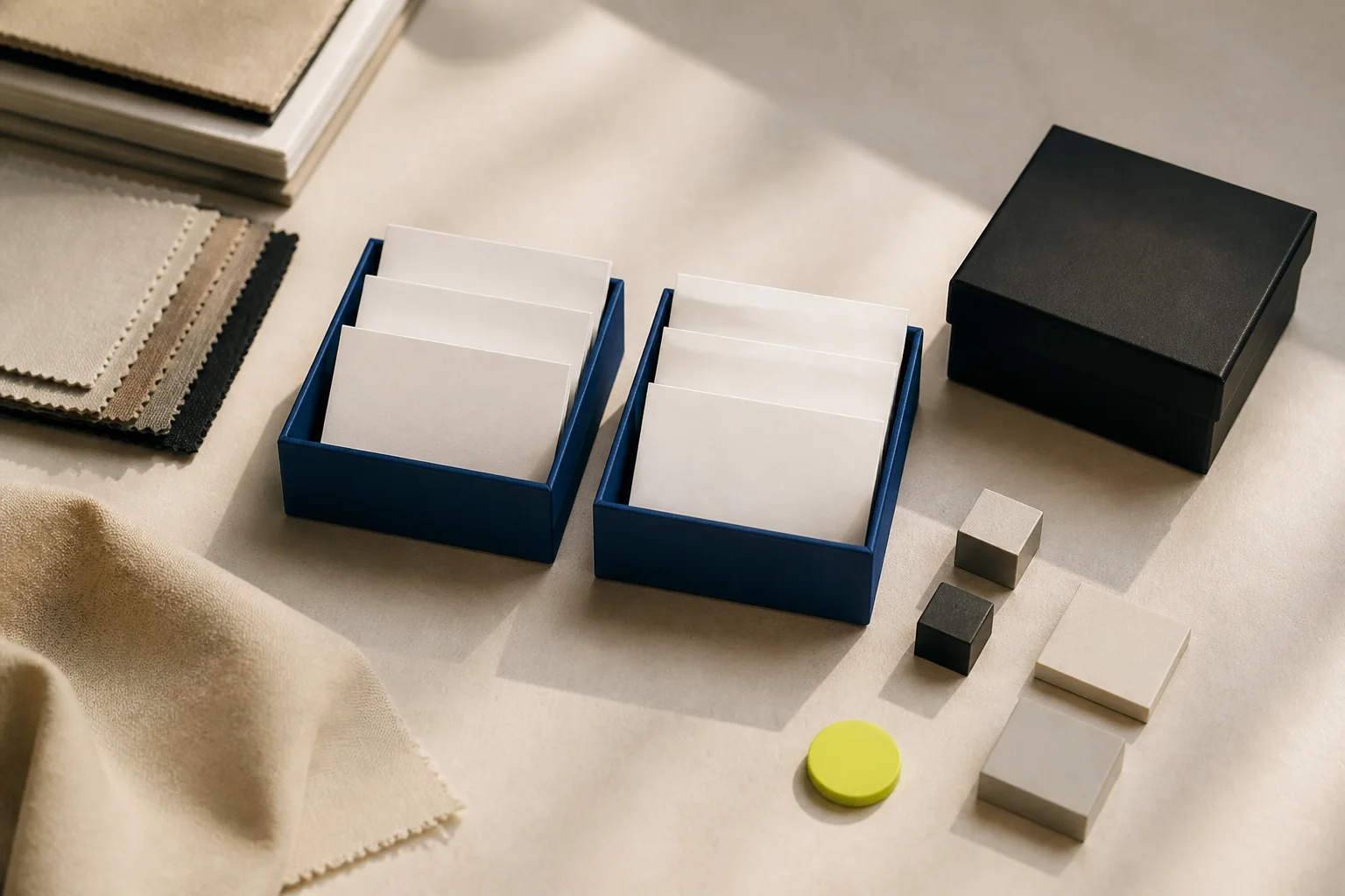 Fictional wholesale lead-review desk with blank account cards, fabric swatches, cobalt routing trays, a black suppression box, and an acid-lime human-review marker.