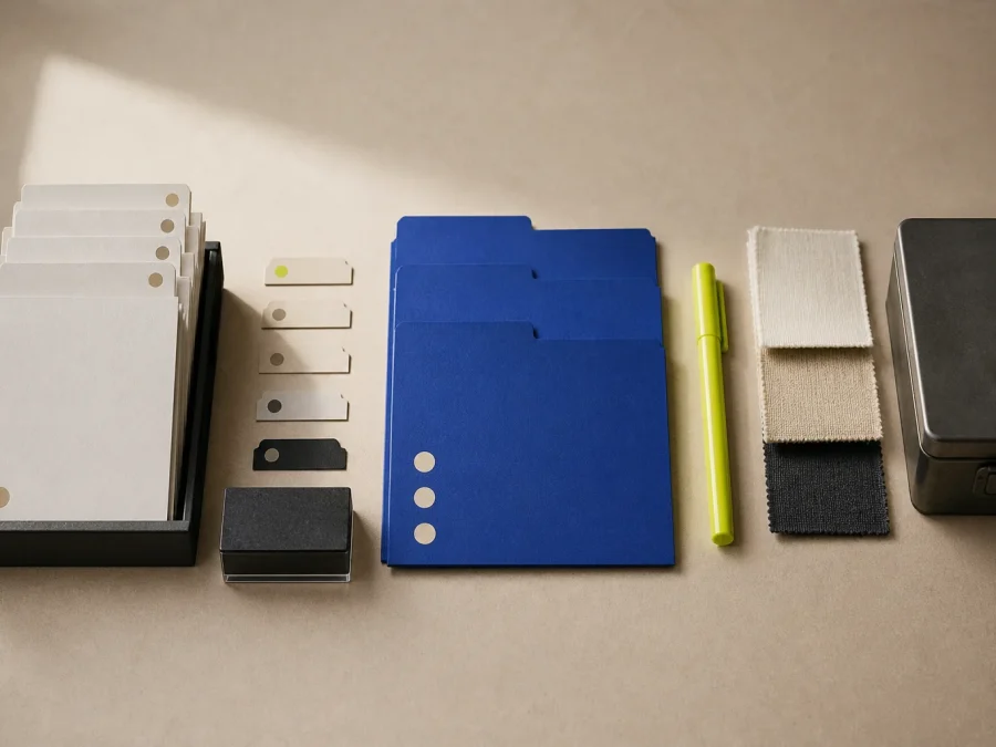 Fictional CRM worktable with blank contact cards, permission tags, a dark suppression block, cobalt folders, and an acid-lime review marker, with no readable personal data.