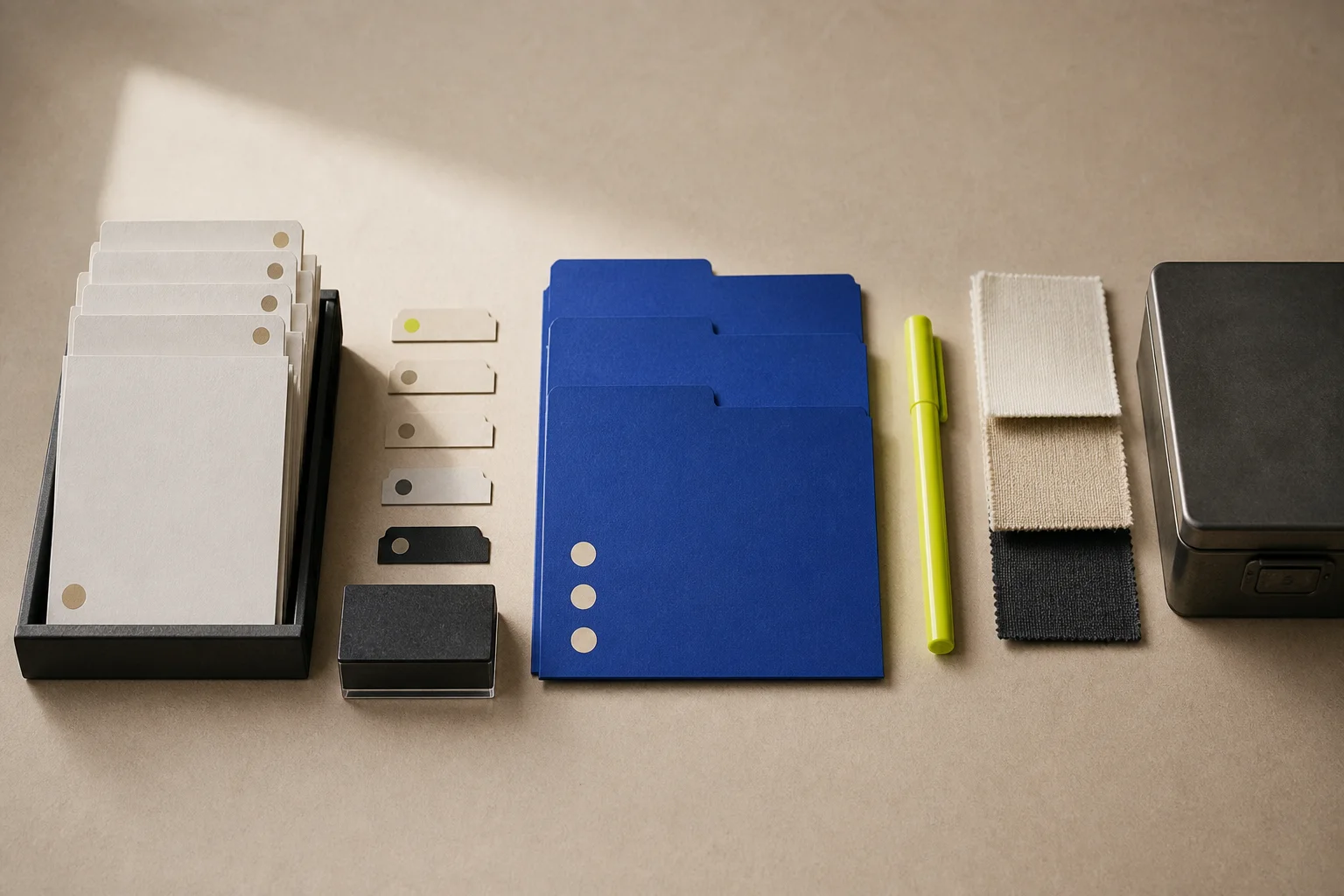 Fictional CRM worktable with blank contact cards, permission tags, a dark suppression block, cobalt folders, and an acid-lime review marker, with no readable personal data.