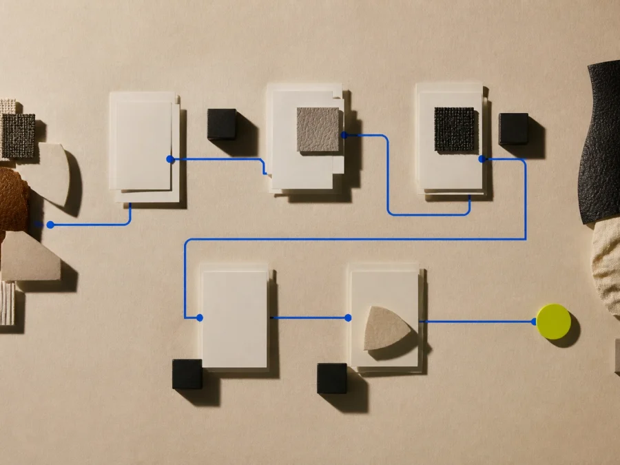 Abstract neutral fashion-object fragments arranged around a cobalt evidence path with dark inspection blocks and a single acid-lime expert-review marker.