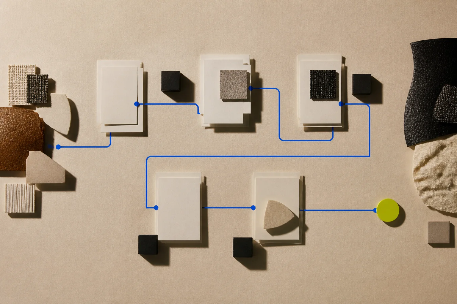 Abstract neutral fashion-object fragments arranged around a cobalt evidence path with dark inspection blocks and a single acid-lime expert-review marker.