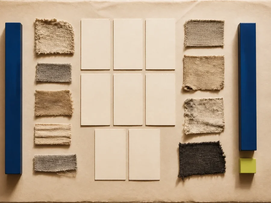 Abstract archive-fashion fragments and blank comparable cards arranged on a warm grid with cobalt range markers and an acid-lime appraiser-review tab.