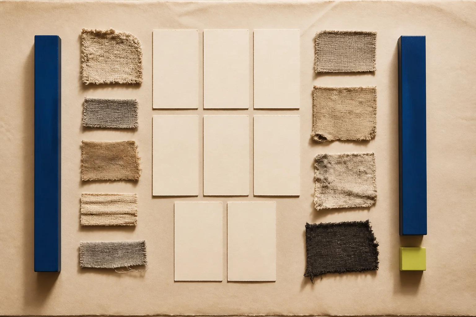 Abstract archive-fashion fragments and blank comparable cards arranged on a warm grid with cobalt range markers and an acid-lime appraiser-review tab.