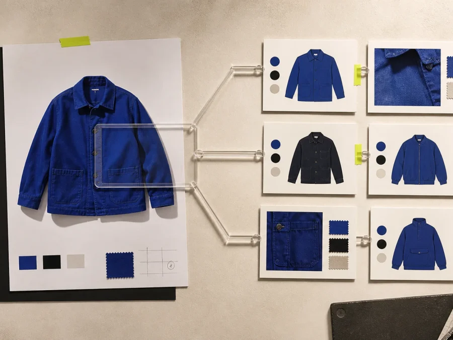 A cobalt jacket photograph connected by a clear acrylic viewfinder to six fictional garment, detail, and color result cards.