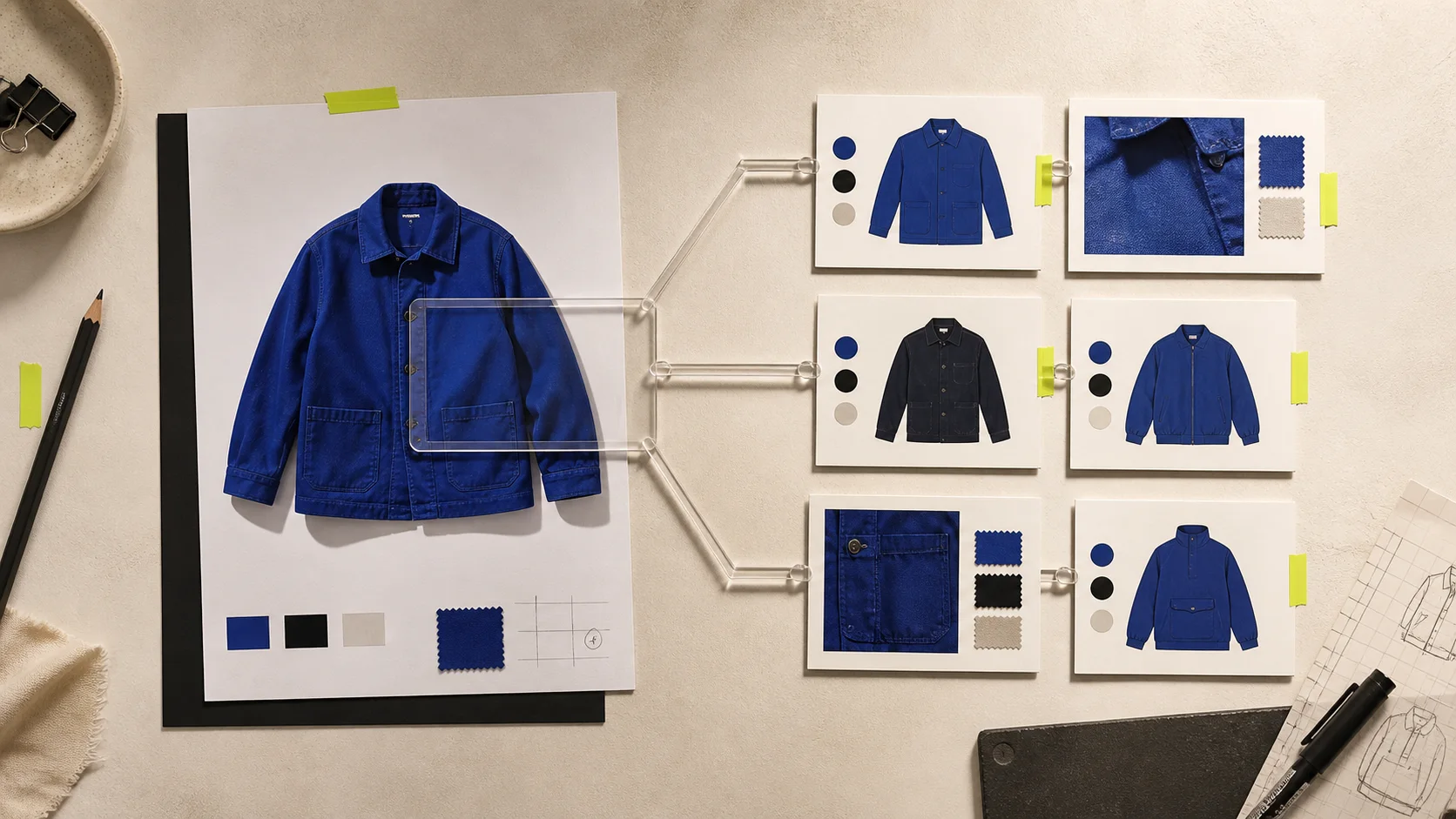 A cobalt jacket photograph connected by a clear acrylic viewfinder to six fictional garment, detail, and color result cards.