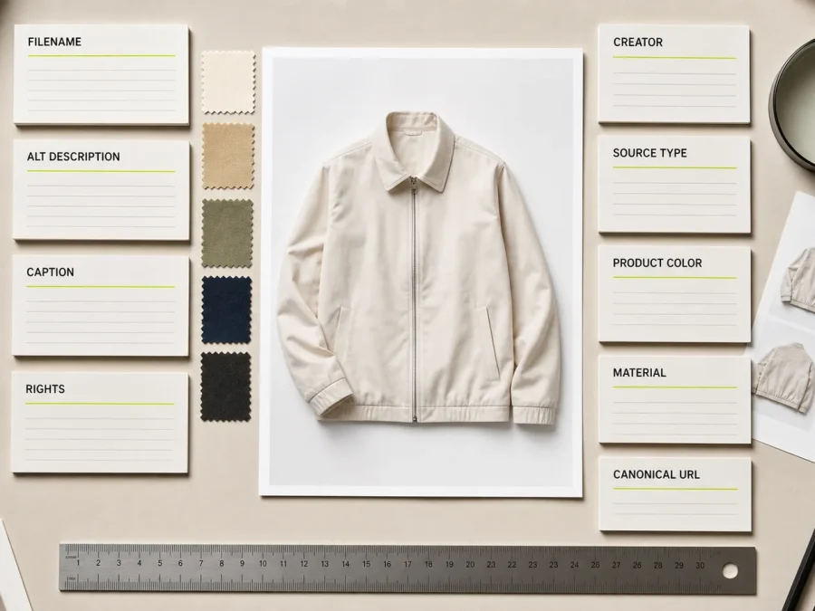 A cream jacket photograph surrounded by cards for filename, alt description, caption, rights, creator, source type, color, material, and canonical URL.