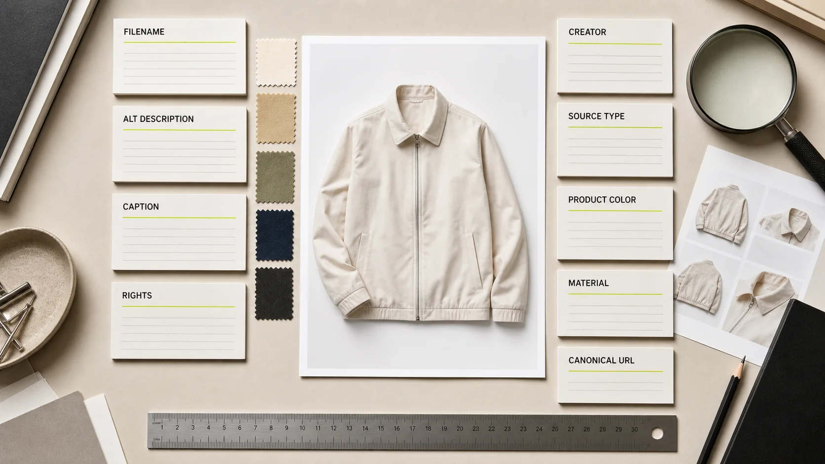 A cream jacket photograph surrounded by cards for filename, alt description, caption, rights, creator, source type, color, material, and canonical URL.
