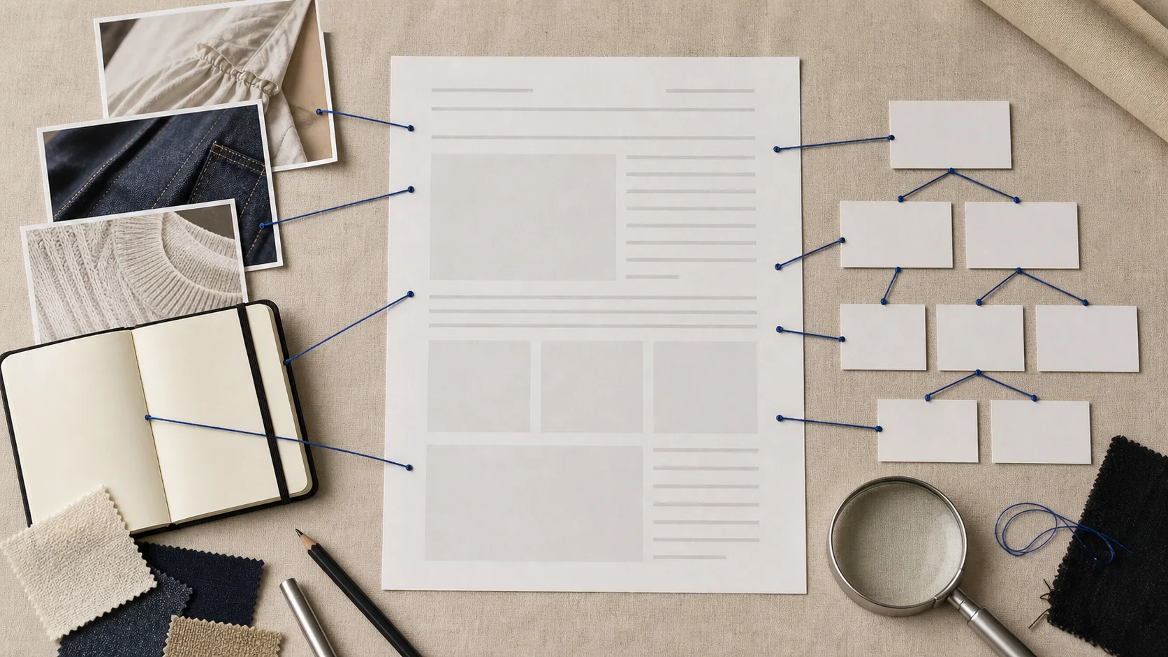 Blank article proof connected by cobalt threads to garment detail photographs, an empty notebook, fabric swatches, and a blank paper site map.