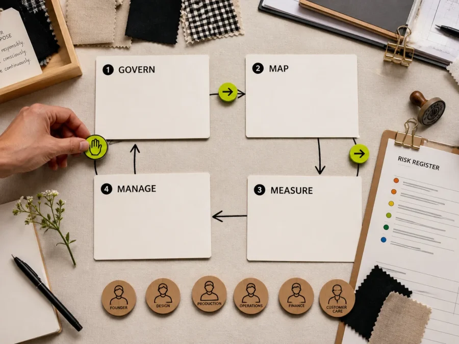 Four policy cards labeled Govern, Map, Measure, and Manage arranged in a loop beside a risk register, fashion swatches, role tokens, and a human hand moving a stop marker.