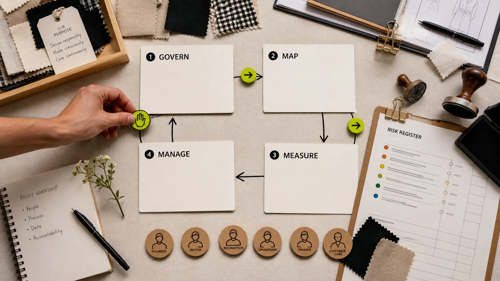 Four policy cards labeled Govern, Map, Measure, and Manage arranged in a loop beside a risk register, fashion swatches, role tokens, and a human hand moving a stop marker.