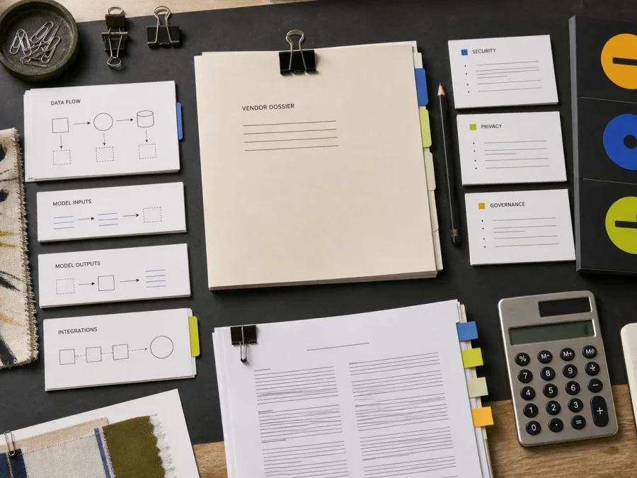 A fictional AI vendor dossier surrounded by data-flow, model-input, security, privacy, governance, contract, and decision cards on a fashion office desk.