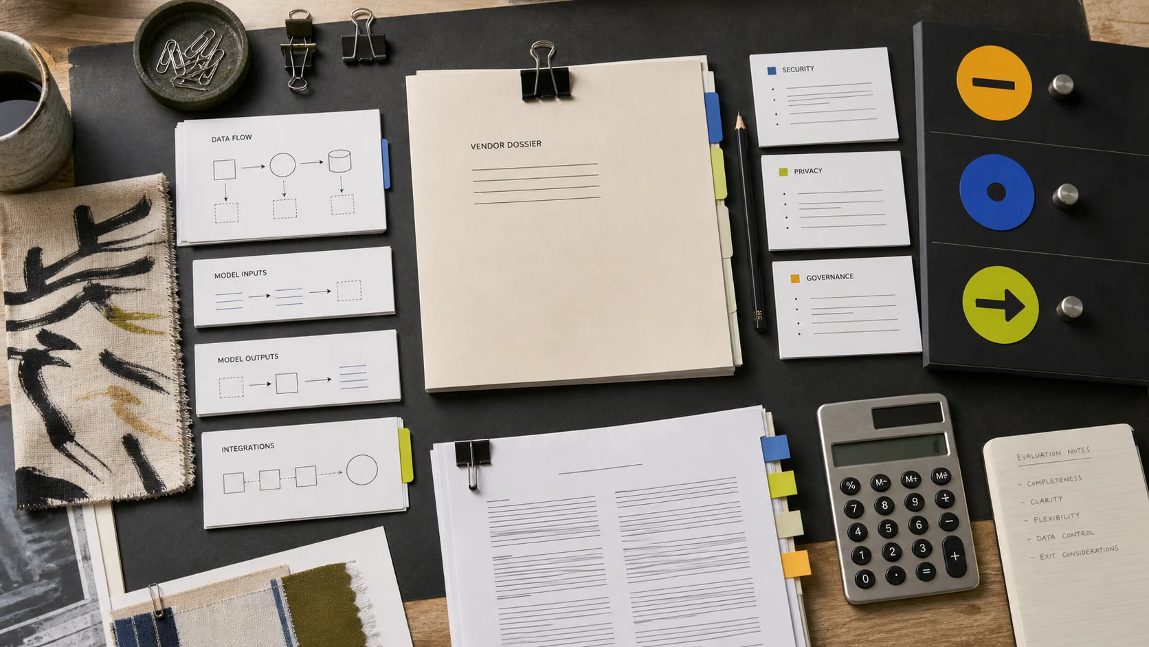 A fictional AI vendor dossier surrounded by data-flow, model-input, security, privacy, governance, contract, and decision cards on a fashion office desk.