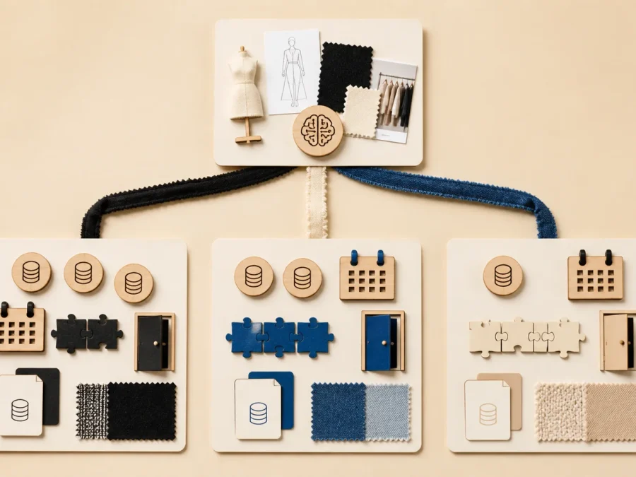 One fictional fashion workflow card branches evenly to three unlabeled option boards containing cost tokens, calendars, integration pieces, data cards, exit symbols, and fabric swatches.