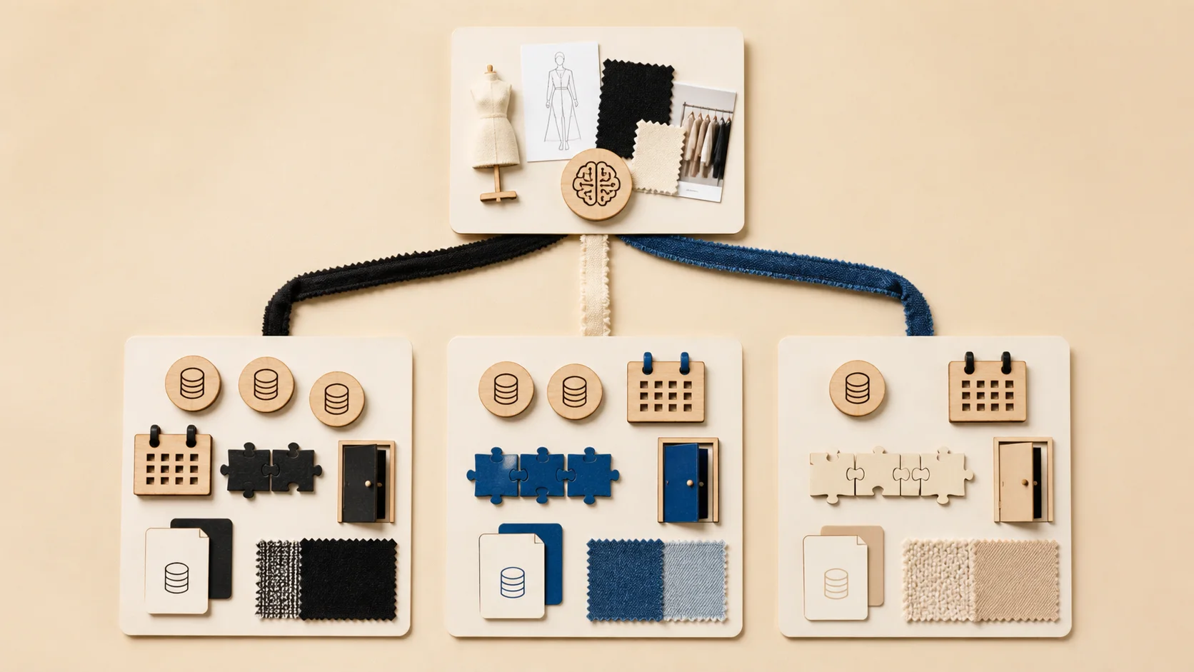 One fictional fashion workflow card branches evenly to three unlabeled option boards containing cost tokens, calendars, integration pieces, data cards, exit symbols, and fabric swatches.