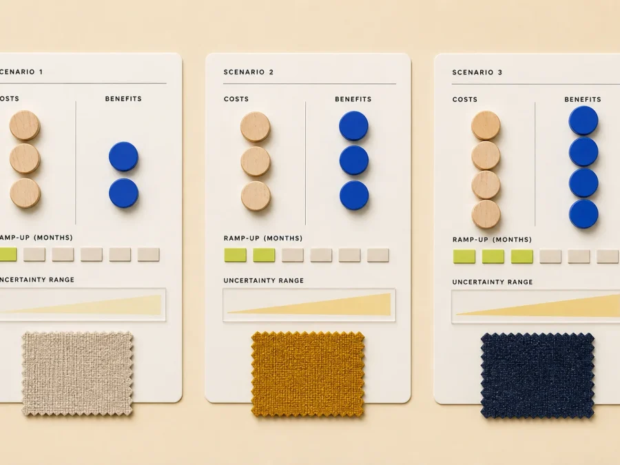 Three fictional scenario cards compare wooden cost tokens with cobalt benefit tokens, monthly ramp blocks, uncertainty bands, and fabric swatches.