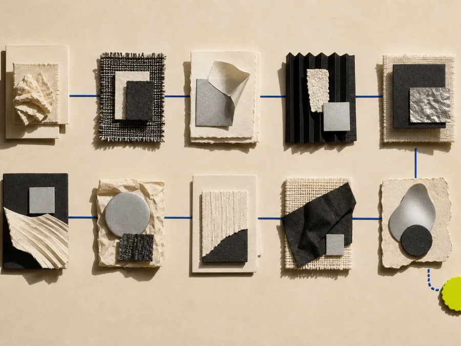Ten abstract fashion-and-technology evidence modules arranged on a warm editorial grid with cobalt paths and one acid-lime review marker.