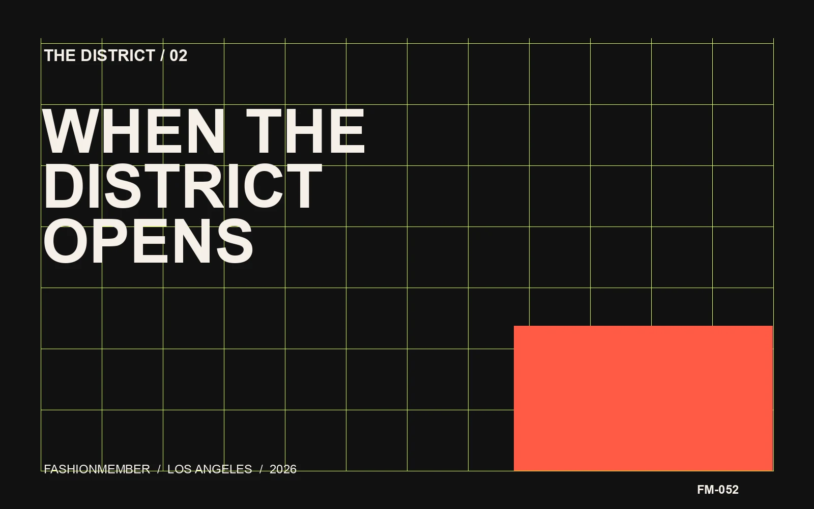 Black editorial cover with an acid-lime grid, pale title block, and the words When the District Opens.