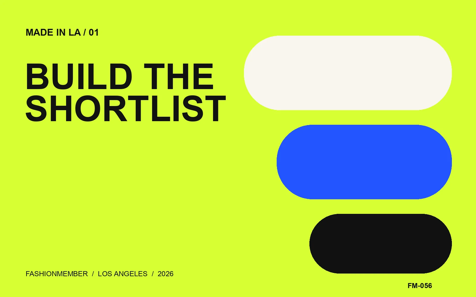 Acid-lime editorial cover with cobalt and black geometric forms and the words Build the Shortlist.