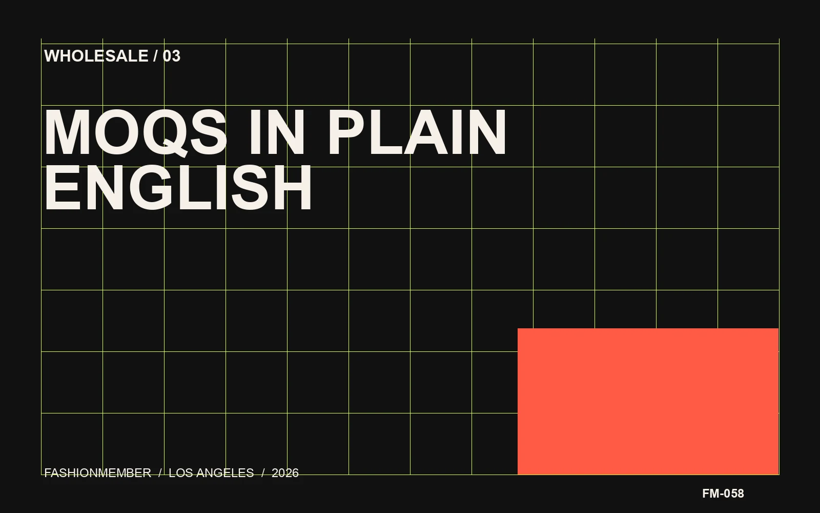Black editorial cover with a fine cobalt grid, lime block, and the words MOQs in Plain English.