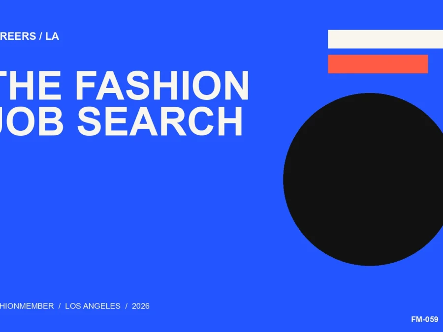 Cobalt editorial cover with coral and black geometry and the words The Fashion Job Search.