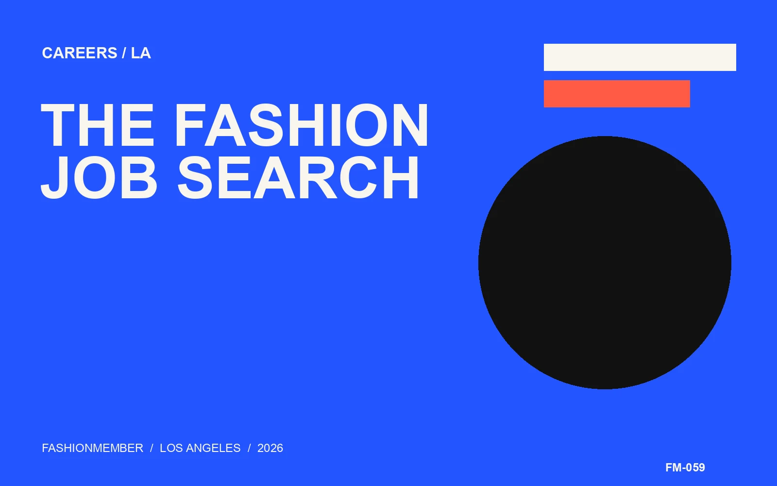 Cobalt editorial cover with coral and black geometry and the words The Fashion Job Search.