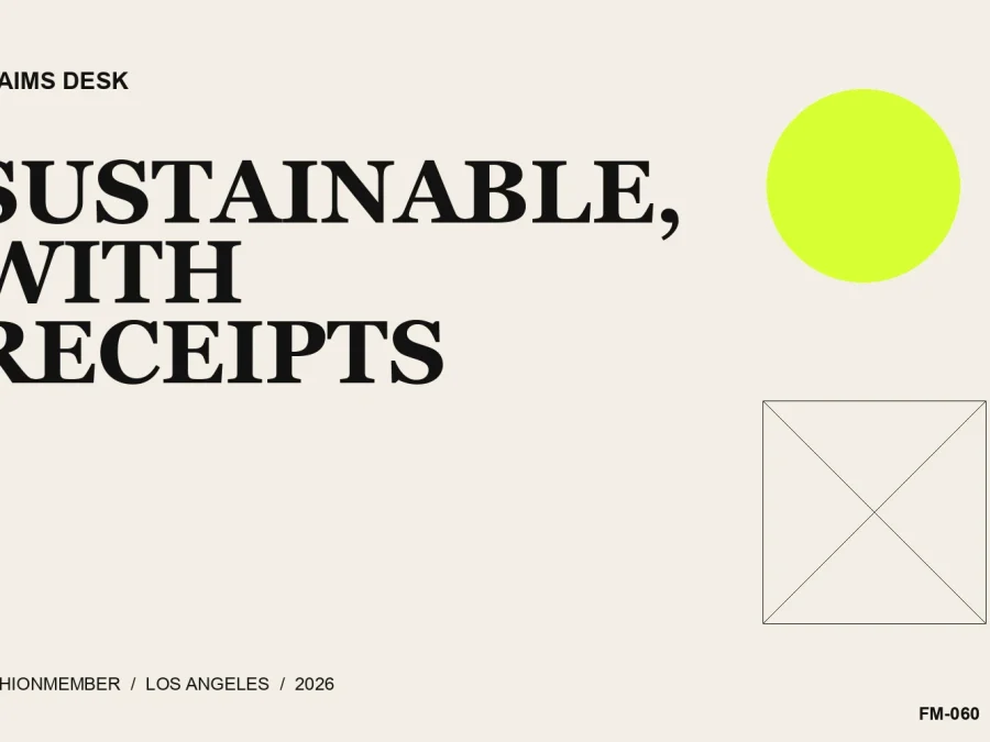 Sand editorial cover with cobalt, cream, and black geometry and the words Sustainable, With Receipts.