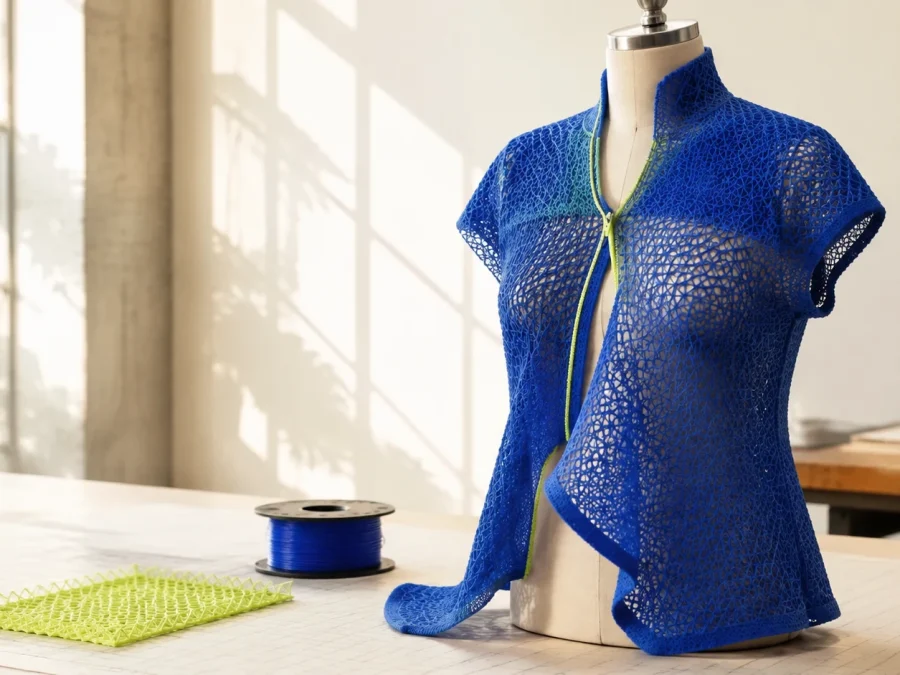Cobalt flexible lattice garment on a dress form in a sunlit fashion prototyping studio, beside a lime printed textile sample and a spool of filament.