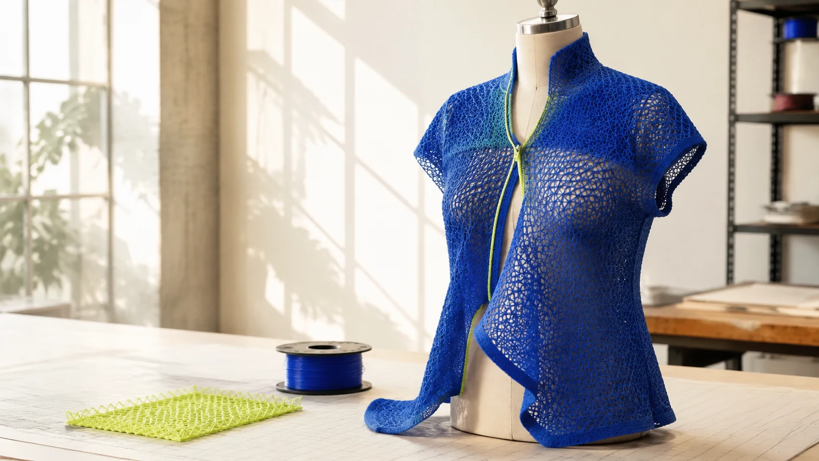 Cobalt flexible lattice garment on a dress form in a sunlit fashion prototyping studio, beside a lime printed textile sample and a spool of filament.
