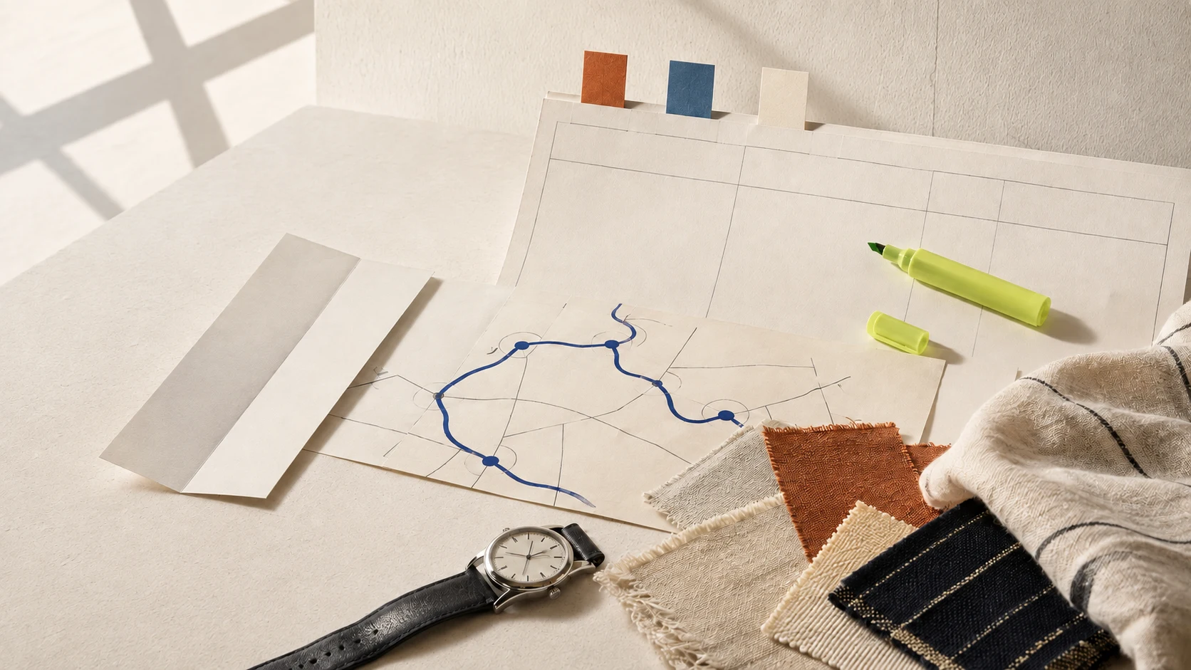 Warm-paper planning board with blank grid lines, cobalt route marks, fabric swatches, color tabs, a watch, and an acid-lime marker on a sunlit studio desk.