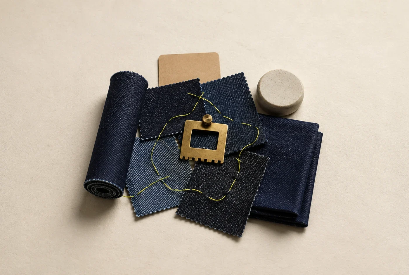 Indigo rolls and varied denim swatches surround a brass fabric gauge, joined by an acid-lime thread.