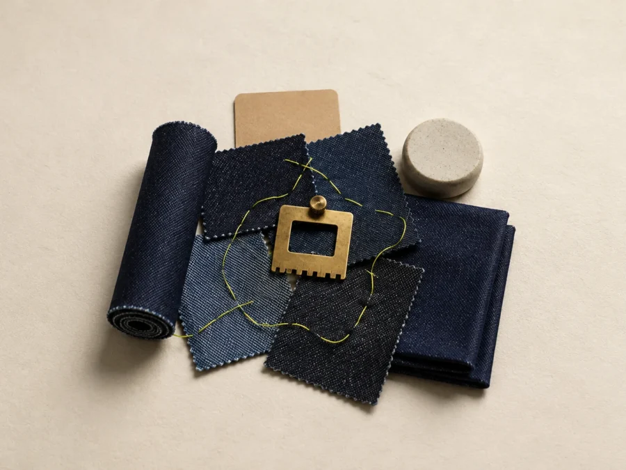 Indigo rolls and varied denim swatches surround a brass fabric gauge, joined by an acid-lime thread.