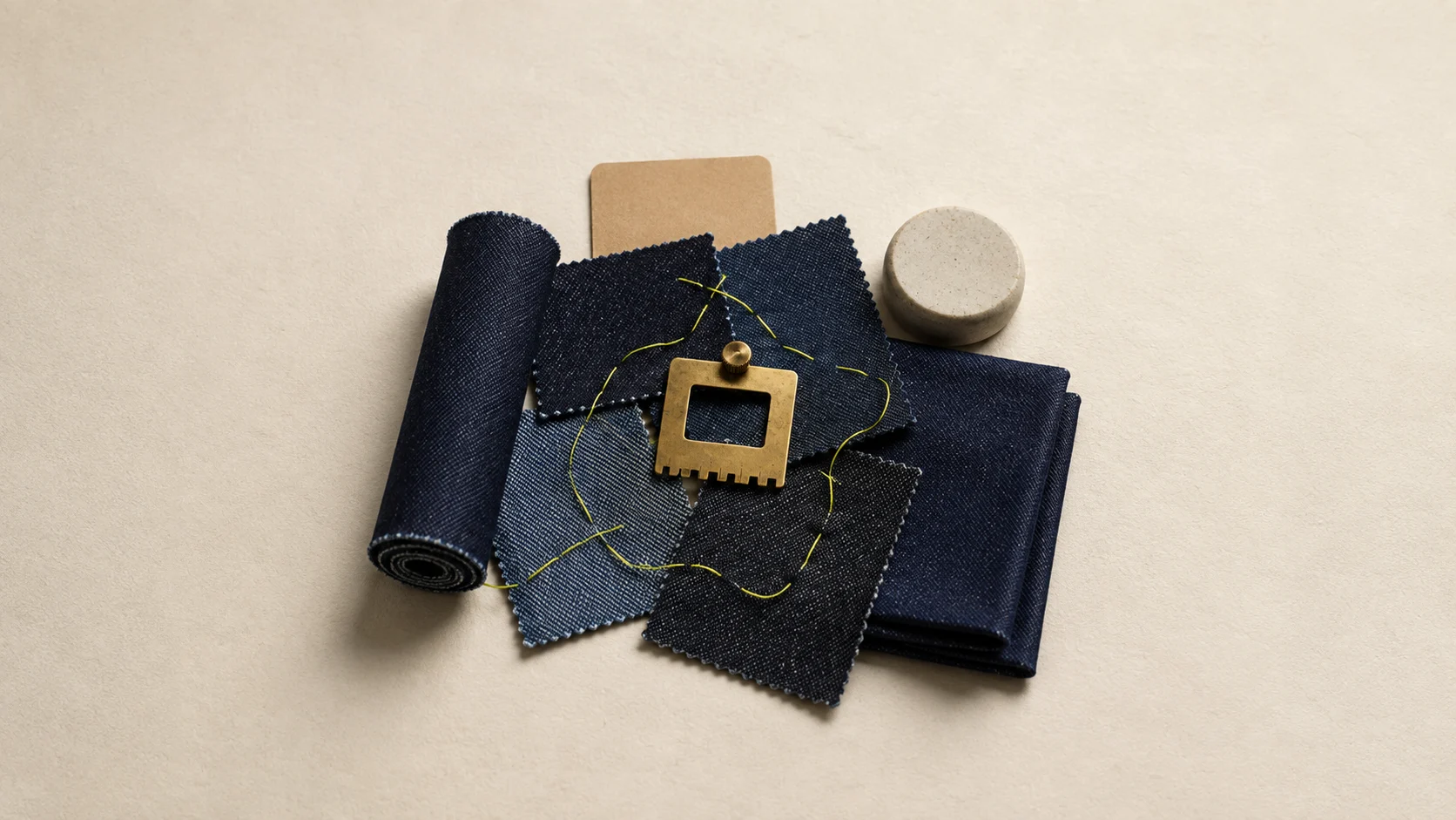 Indigo rolls and varied denim swatches surround a brass fabric gauge, joined by an acid-lime thread.
